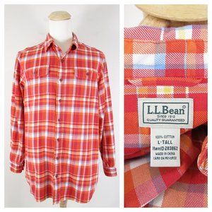 L.L. Bean Orange White Plaid Flannel Button Down Shirt L Tall